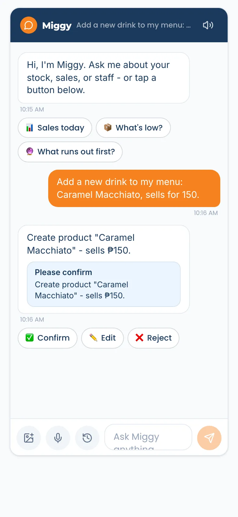 Miggy building your catalog from a menu - Let Miggy build your catalog from a menu, photo, or voice